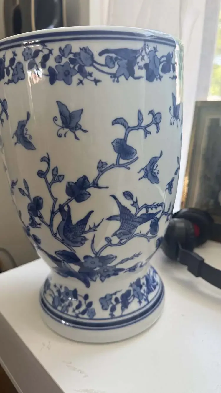 Dechang Taoci Chinese Blue and White Porcelain Bird and Butterfly Planter Vase